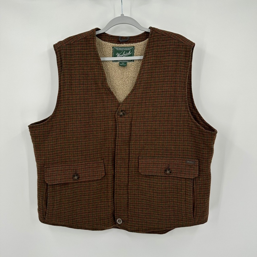 Woolrich Mens Brown Houndstooth Wool Blend Sherpa Lined Vest Sz XL Rugged Thick